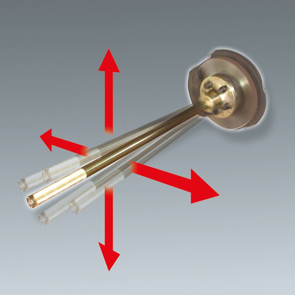 Ein Messinstrument mit vier Metallstäben und roten Pfeilen in verschiedene Richtungen, zeigt Richtungsbewegungen an.
