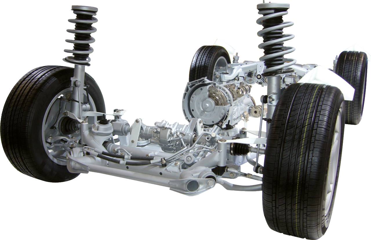 'Darstellung eines komplexen Autosuspensionssystems mit Rädern, Stoßdämpfern und Antriebswellen, die verschiedene Fahrzeugkomponenten zeigen.'