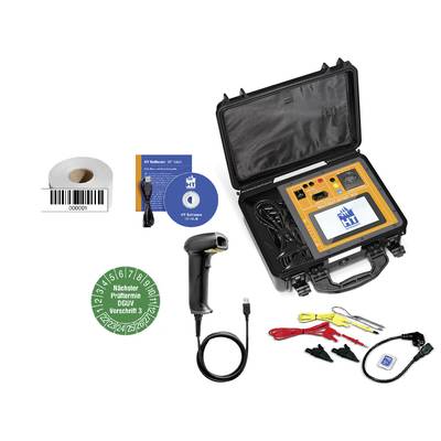 Tragbarer elektrischer Tester in einem Koffer mit Zubehör: Barcode-Scanner, Kabel, Software-CDs, Prüfsiegel, Thermo-Papierrolle.