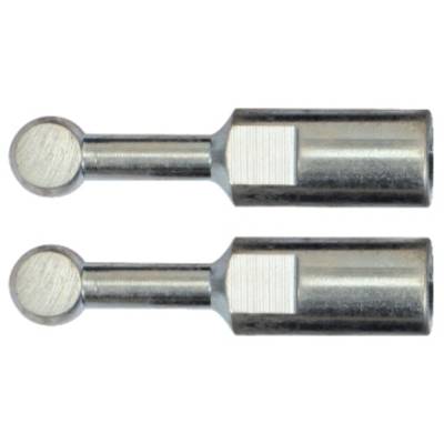 Zwei metallische Stifte mit runden Köpfen, eine gerillte und eine glatte Oberfläche, auf weißem Hintergrund.