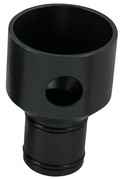 Schwarzes Metallbauteil mit zylindrischer Form und zwei Öffnungen. Verwendet in technischen Anwendungen.