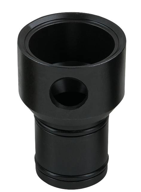 Schwarzes zylindrisches Bauteil aus Metall mit mehreren Öffnungen, vermutlich eine technische Komponente oder ein Adapter.