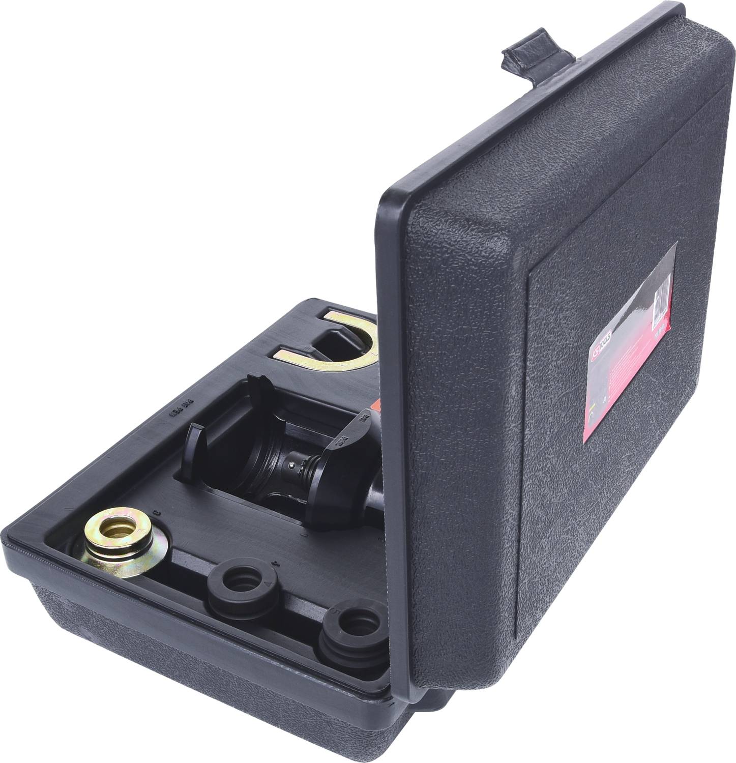 Schwarze Kunststoffverpackung für Autoteile, geöffnet, zeigt verschiedene Adapter für die Montage und Demontage von Radlagern.