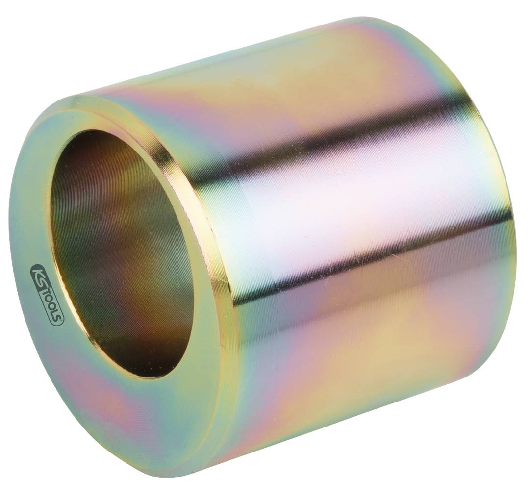 Metallische Hülse mit glänzendem, regenbogenfarbenem Finish. Zylindrische Form mit großem Hohlraum in der Mitte.