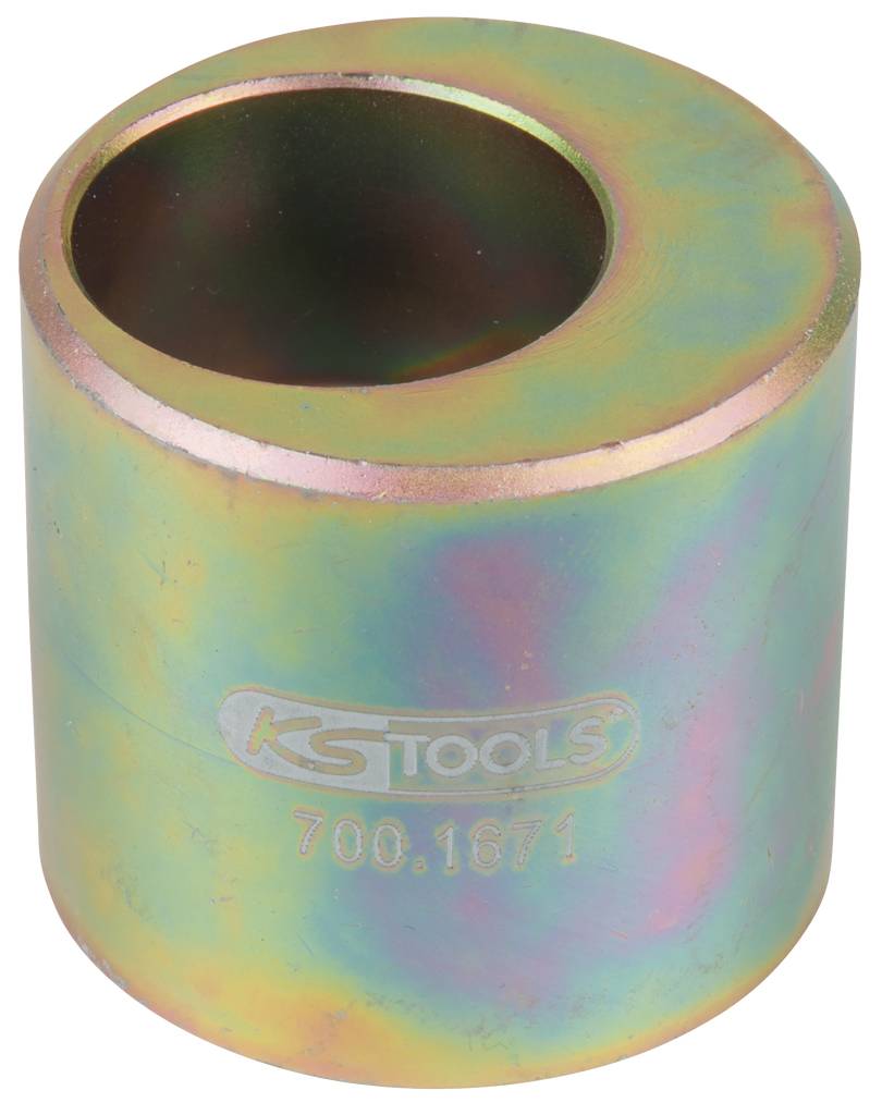 Zylinderförmiges Metallwerkzeug von KS Tools mit Nummer '700.1671', in Regenbogenfarben schimmernd.