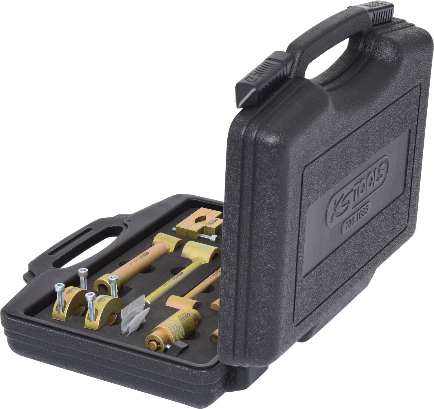 Geöffneter schwarzer Werkzeugkoffer mit verschiedenen goldenen Kfz-Werkzeugen. Ideal für mechanische Reparaturen und Anpassungen.