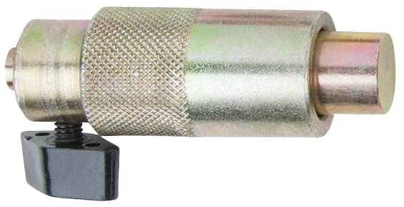 Metallzylinder mit geriffelter Oberfläche und schwarzer Klemme an der Seite.