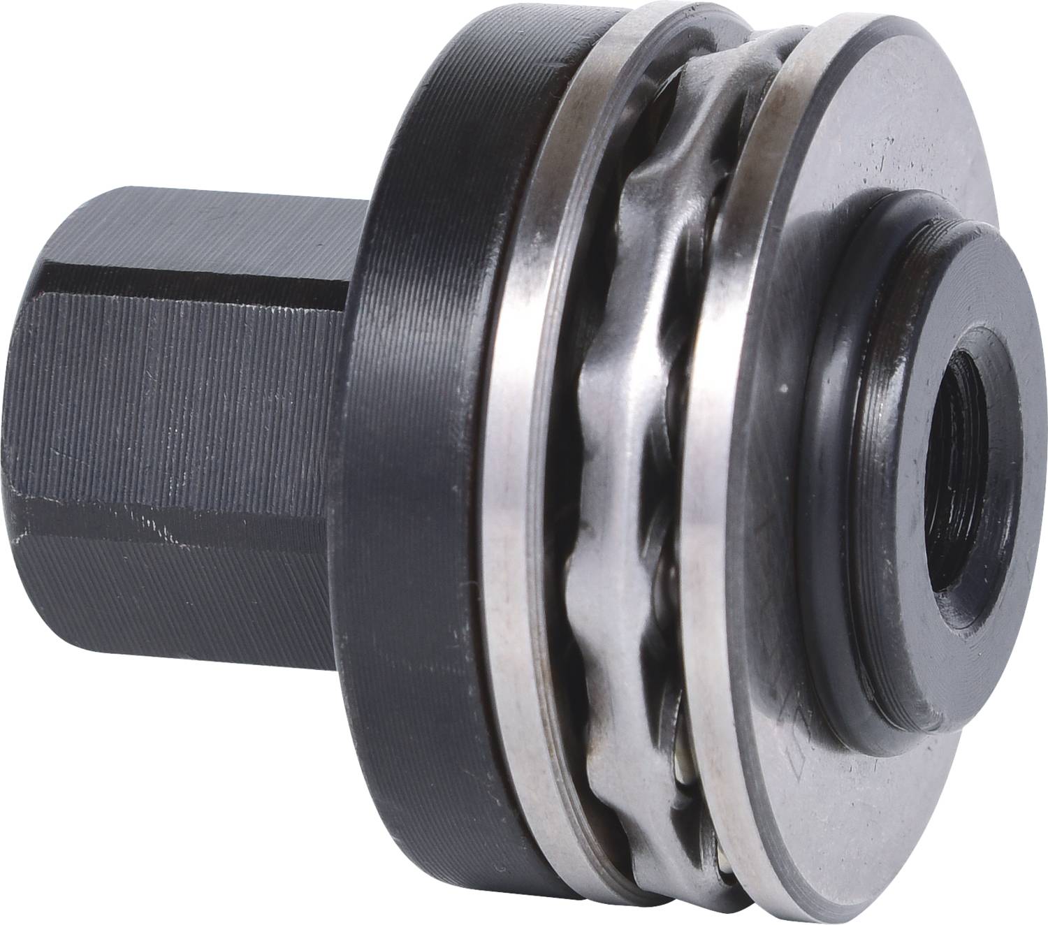 Metallisches mechanisches Bauteil mit schwarzem Sechskant-Anschluss und gezahnter Scheibe, möglicherweise für Maschinen geeignet.
