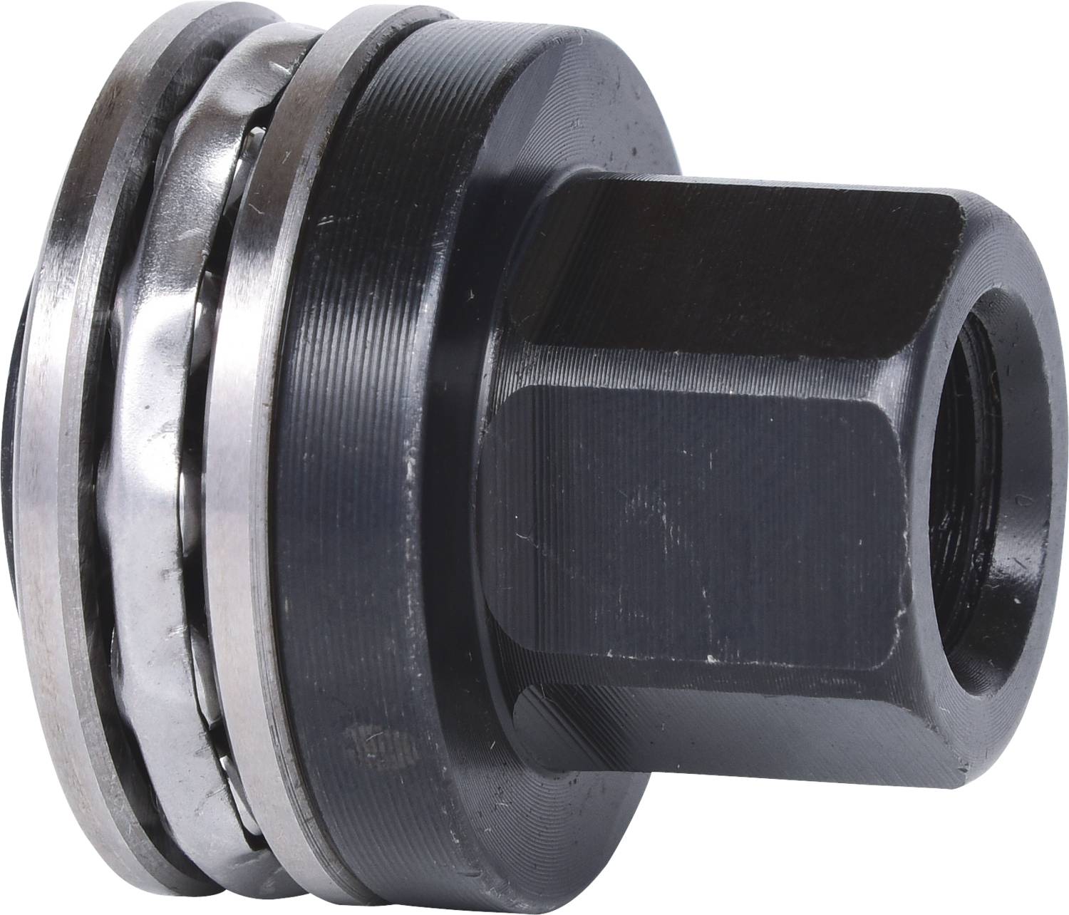 Schwarz-silberne Mechanikkomponente mit zylindrischer Basis und sechseckiger Schraubenaufnahme, möglicherweise ein Maschinenteil.