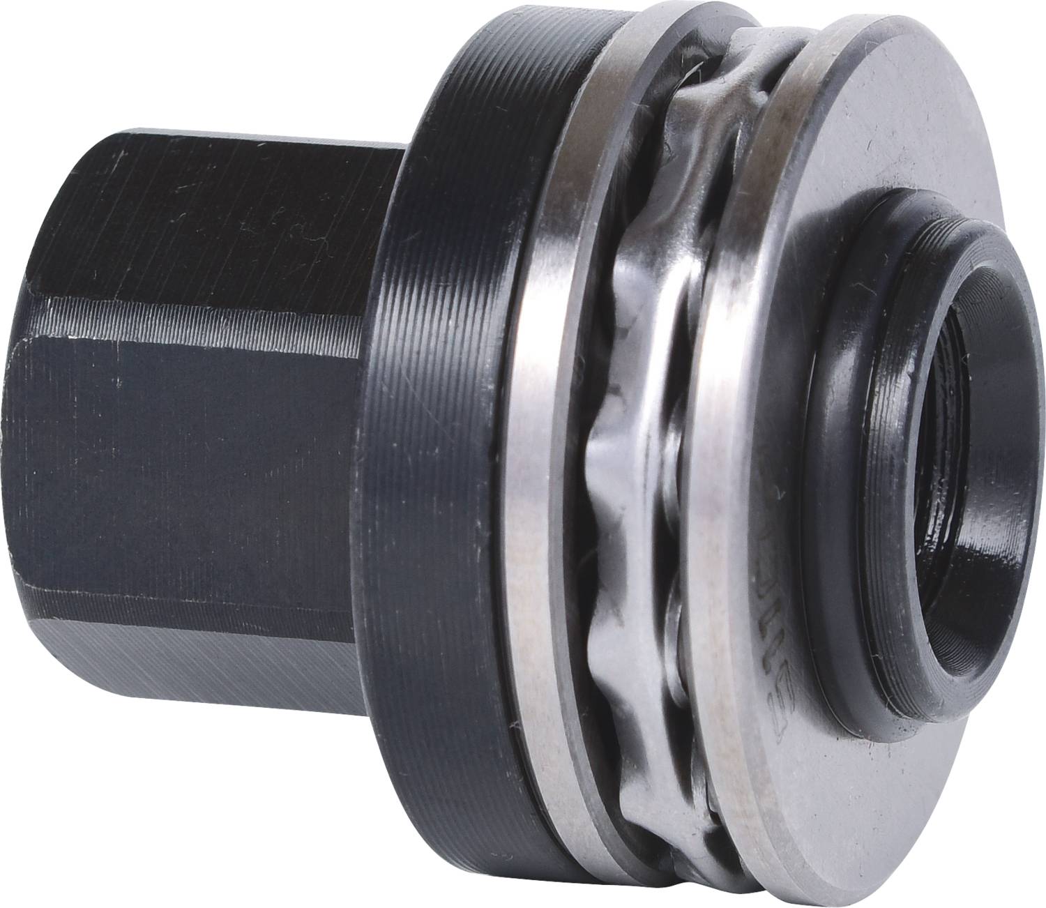 Metallisches Maschinenteil mit zylindrischer Form und geriffeltem Rand, bestehend aus schwarzen und silbernen Komponenten.