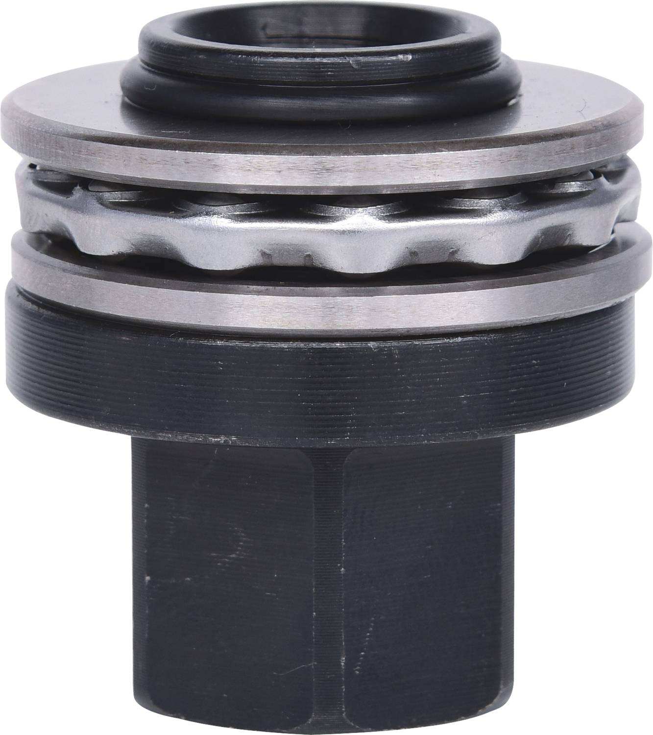 Einzelnes mechanisches Kugellager mit metallischen und gummierten Bestandteilen, hauptsächlich in Schwarz und Silber.
