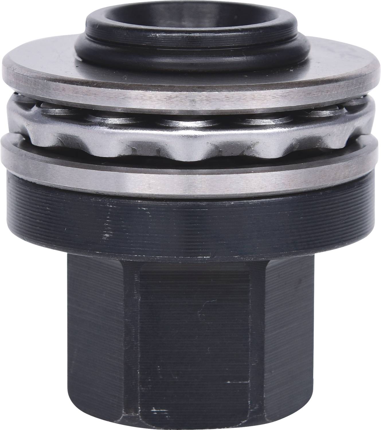 Eine schwarze und silberne mechanische Komponente mit geripptem Zylinder und Lager, vermutlich ein Teil eines größeren Mechanismus.