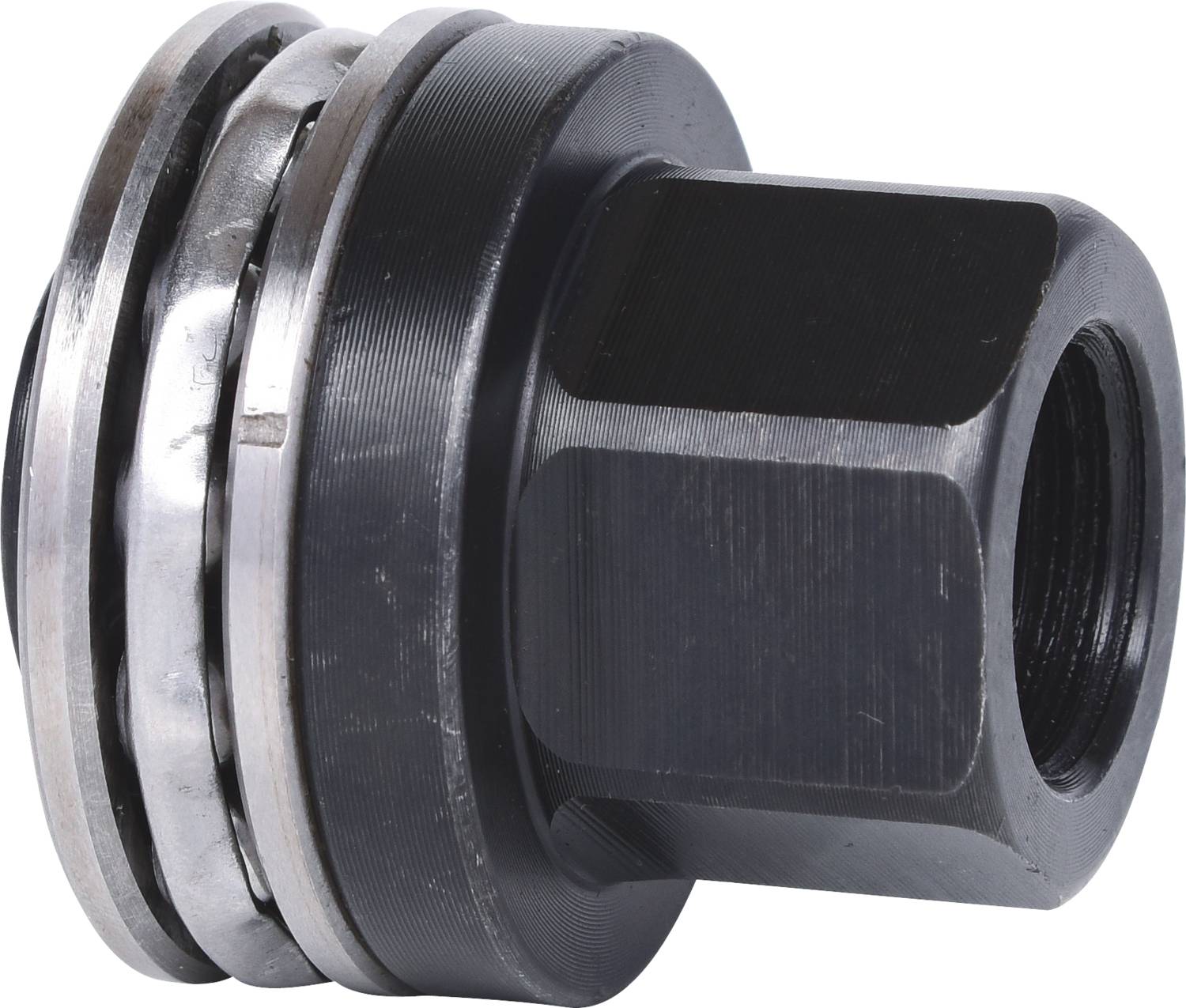 Eine schwarze, sechseckige Mutter mit glänzenden, metallischen Ringen, die für mechanische Befestigungen verwendet werden kann.