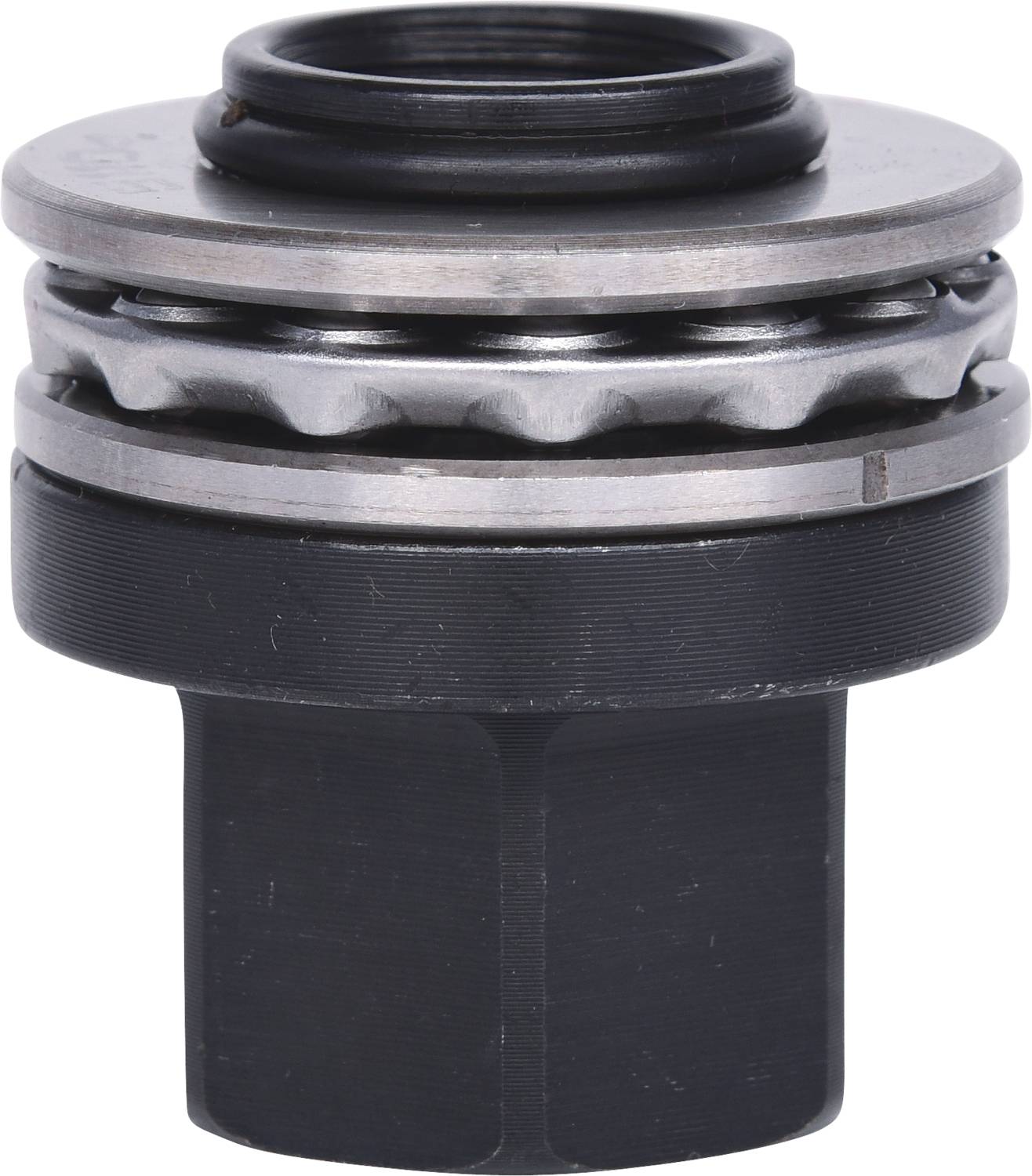 Schwarzes Metallteil mit mehreren Ringen und glatter Oberfläche, mechanisches Bauteil, möglicherweise ein Lager oder eine Dichtung.