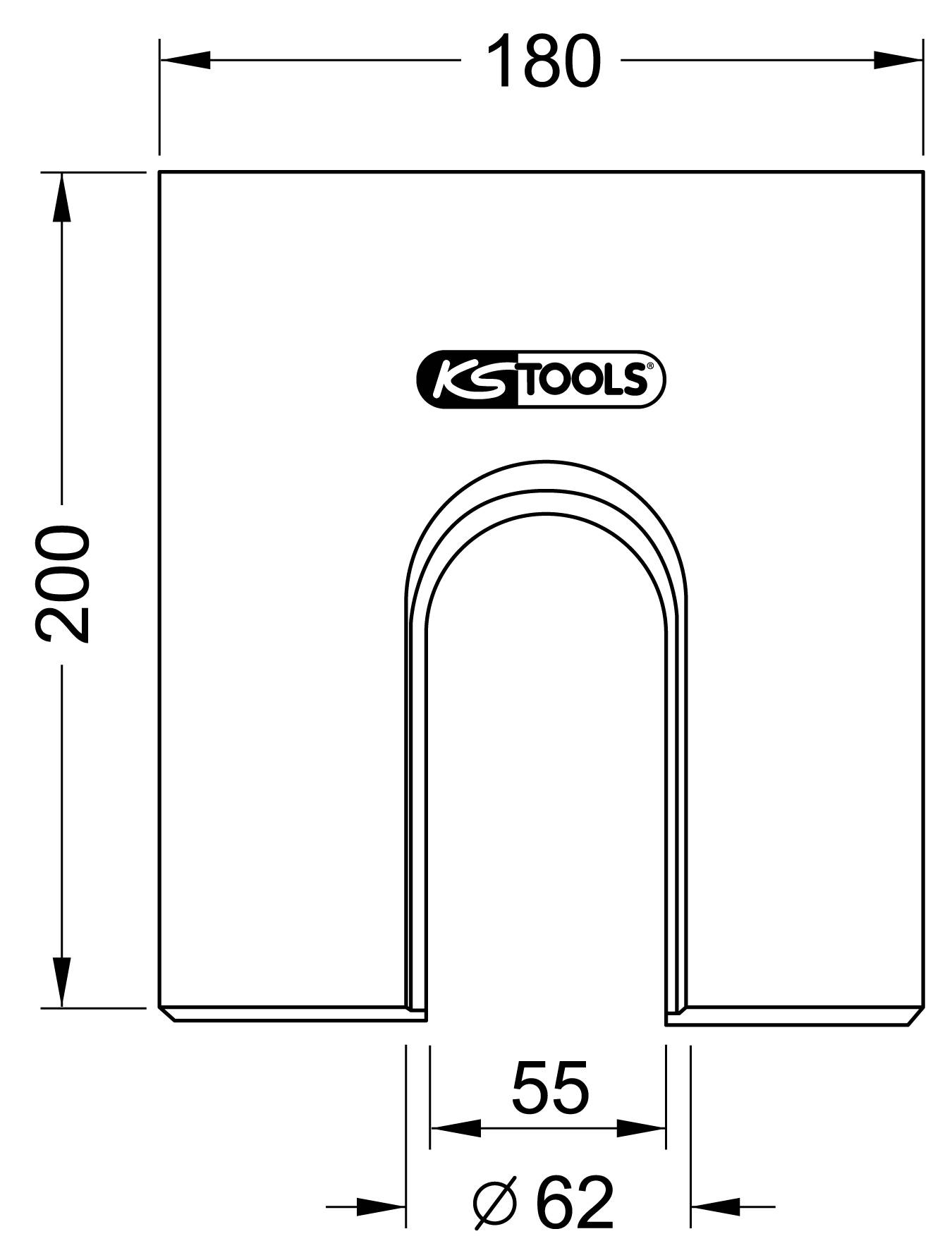 Technische Zeichnung eines U-förmigen Teils mit Abmessungen: Höhe 200 mm, Breite 180 mm, Innenbreite 55 mm, Innendurchmesser 62 mm.