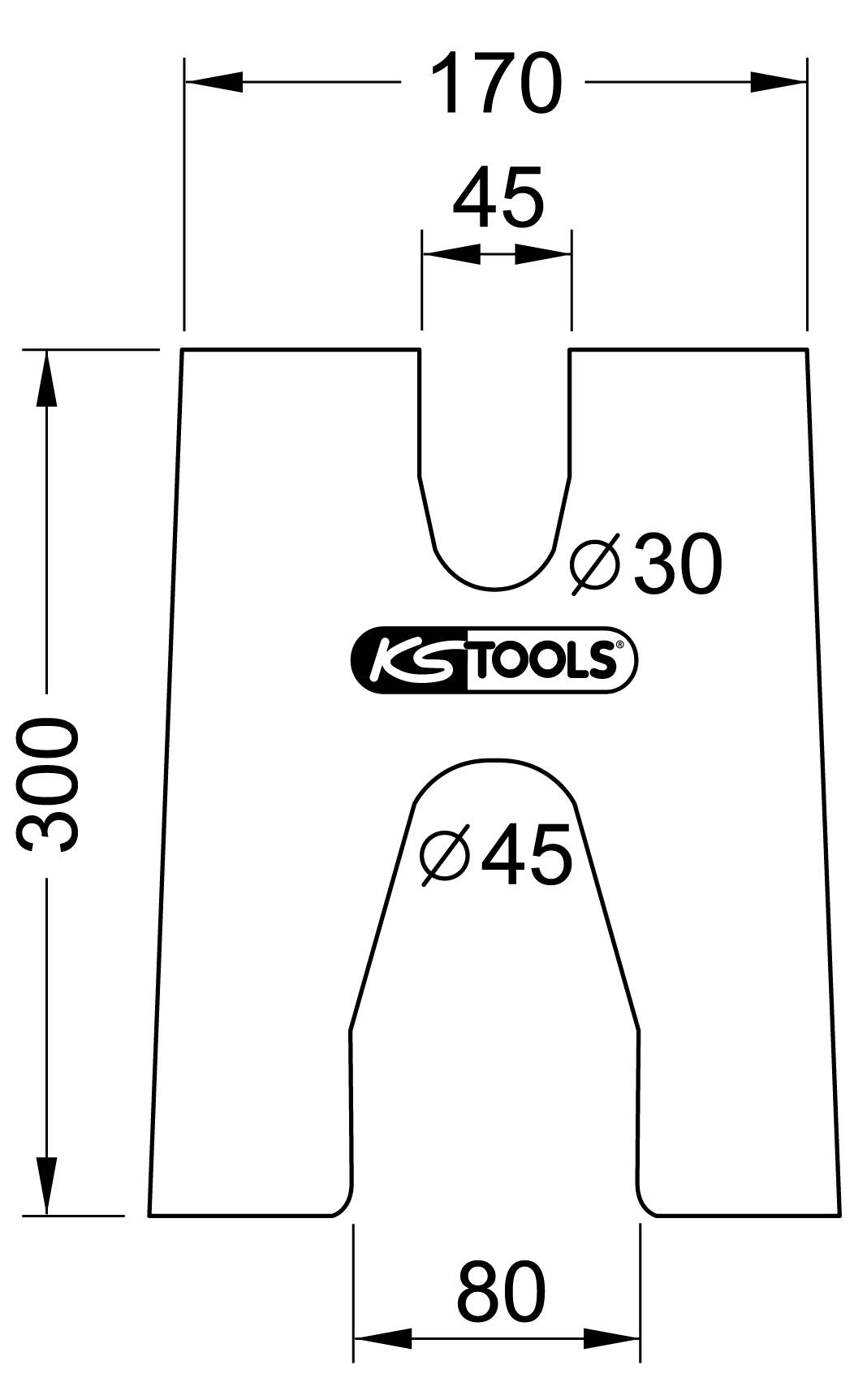 Technische Zeichnung eines Werkzeugs von KS TOOLS mit Maßen: Höhe 300 mm, Breite 170 mm, Öffnungen von 30 mm und 45 mm Durchmesser.