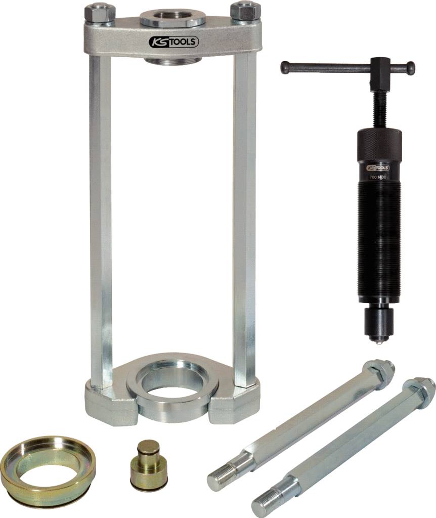 Metallisches Werkzeugset bestehend aus einem Lagerabzieher mit Schraubenspindel und diversen Adapterteilen zur Demontage von Lagern.