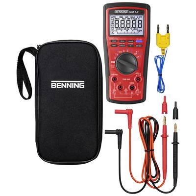 Digitales Multimeter-Set, bestehend aus einem roten Multimeter mit Display und Bedienelementen, Messleitungen und einer schwarzen Tragetasche.