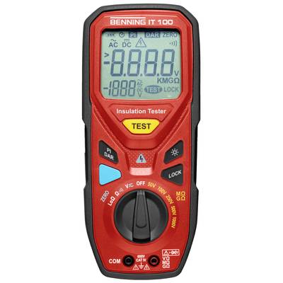 Ein rotes digitales Isolationsprüfgerät mit großem Display und mehreren Tasten für Testmodi und Einstellungen.