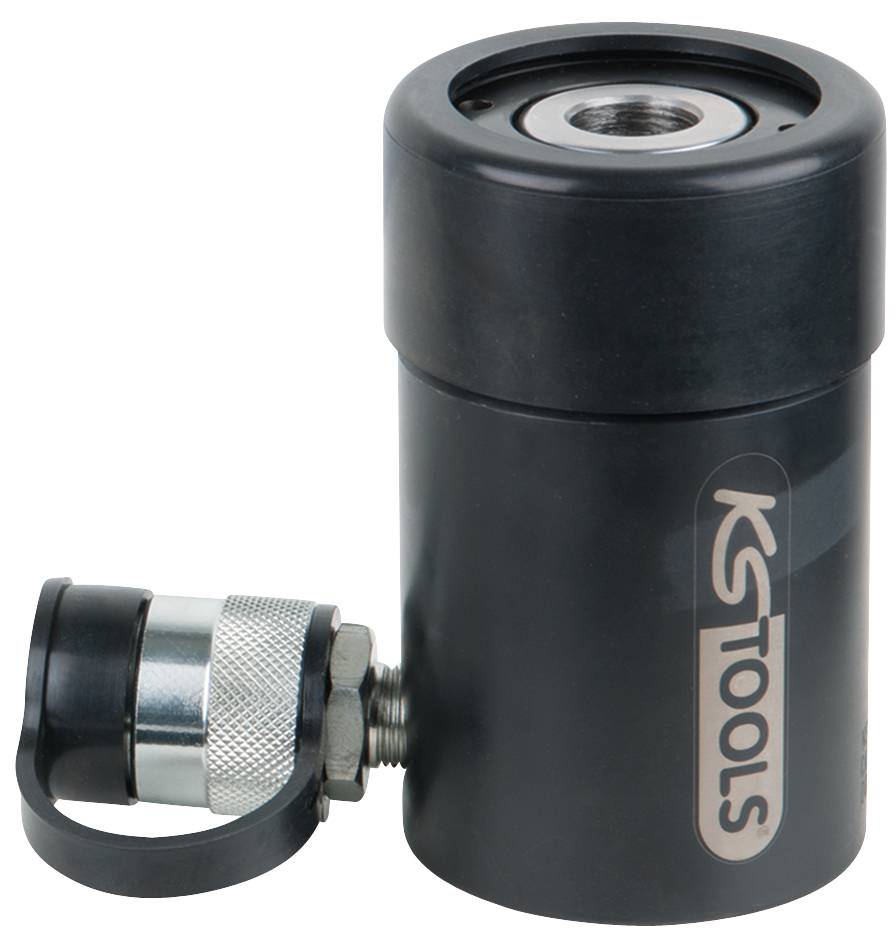 Hydraulischer Zylinder von KS Tools, schwarz, für Fahrzeuge, mit silbernem Schraubanschluss.