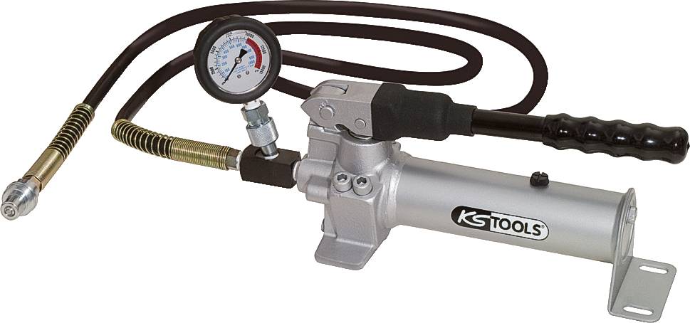 Manuelle Hydraulikpumpe von KS Tools mit Druckanzeige, schwarzem Schlauch und einem Griff. Verwendet für genaue Druckanpassungen.