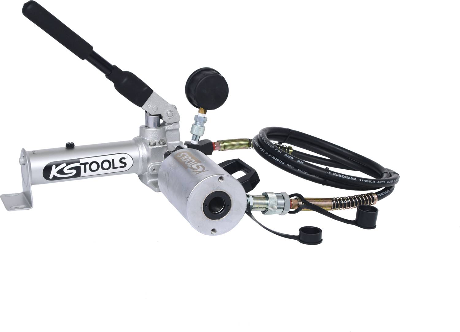Hydraulische Pumpe von KS Tools mit Manometer und Schlauchanschluss, geeignet für den industriellen Einsatz.