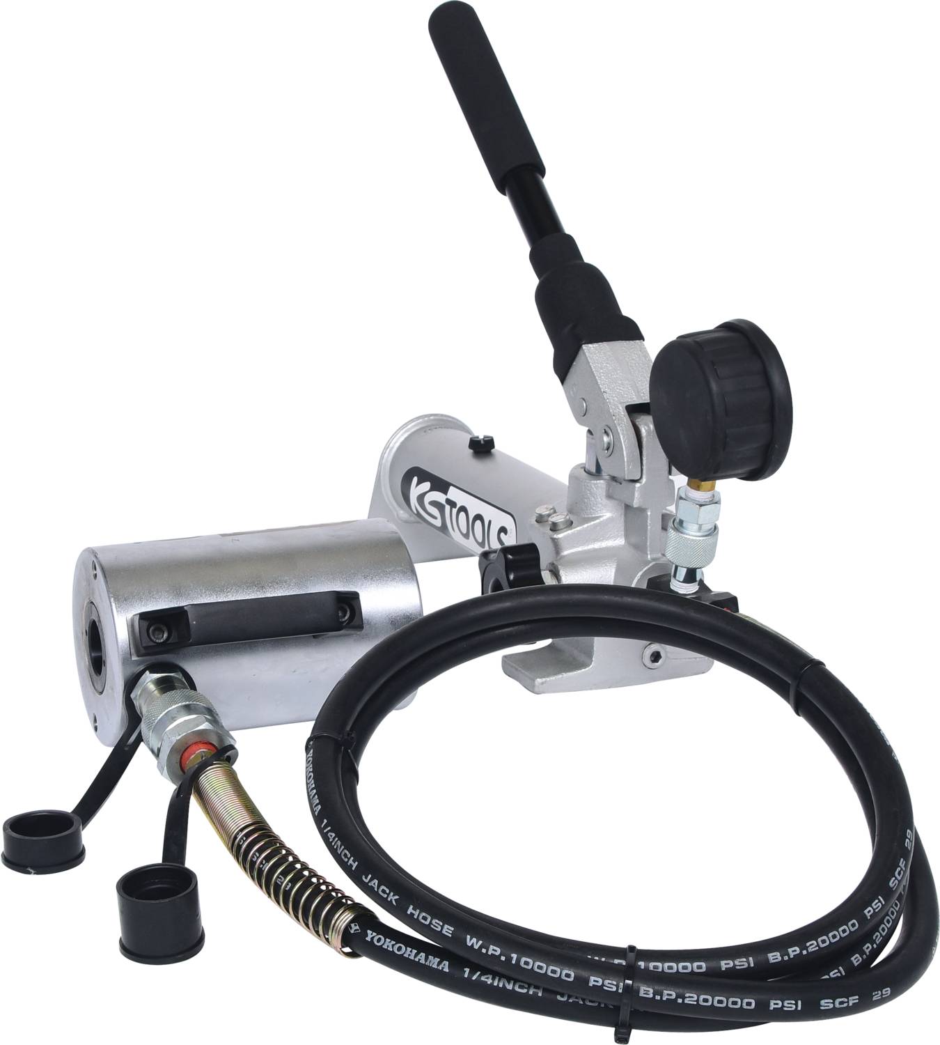 Handhydraulikpumpe mit Druckmanometer und angeschlossenem Hydraulikschlauch, geeignet für Hochdruckanwendungen in der Werkstatt.