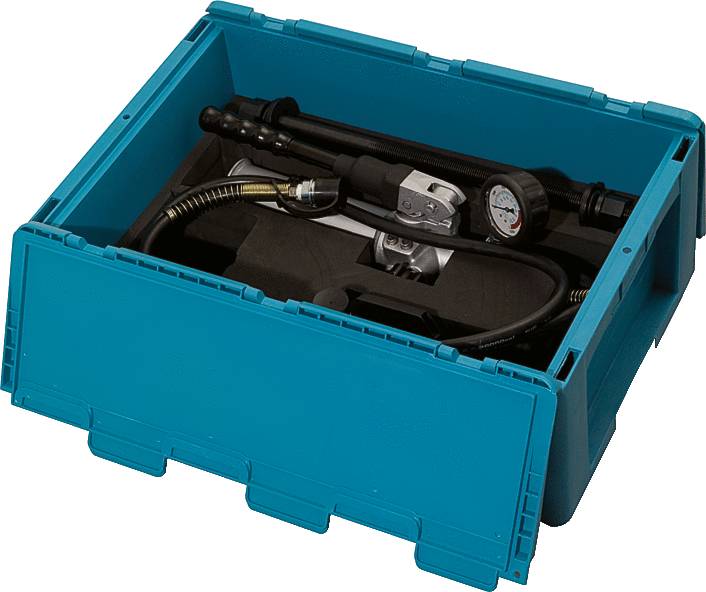 Eine blaue Kunststoffkiste mit einem Manometer, Schlauch und Ventil.