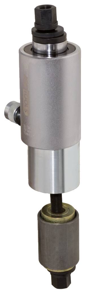 Ein zylindrisches Metallwerkzeug mit Schraubverbindungen und mechanischen Komponenten, möglicherweise für industrielle Anwendungen.