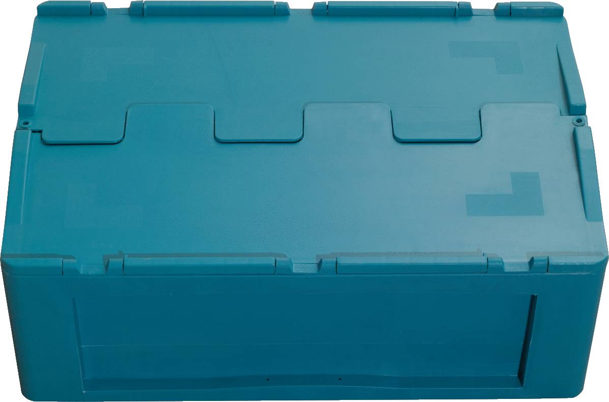 Ein blauer Kunststoffkasten mit einem Deckel, der mehrere rechteckige Vertiefungen aufweist.
