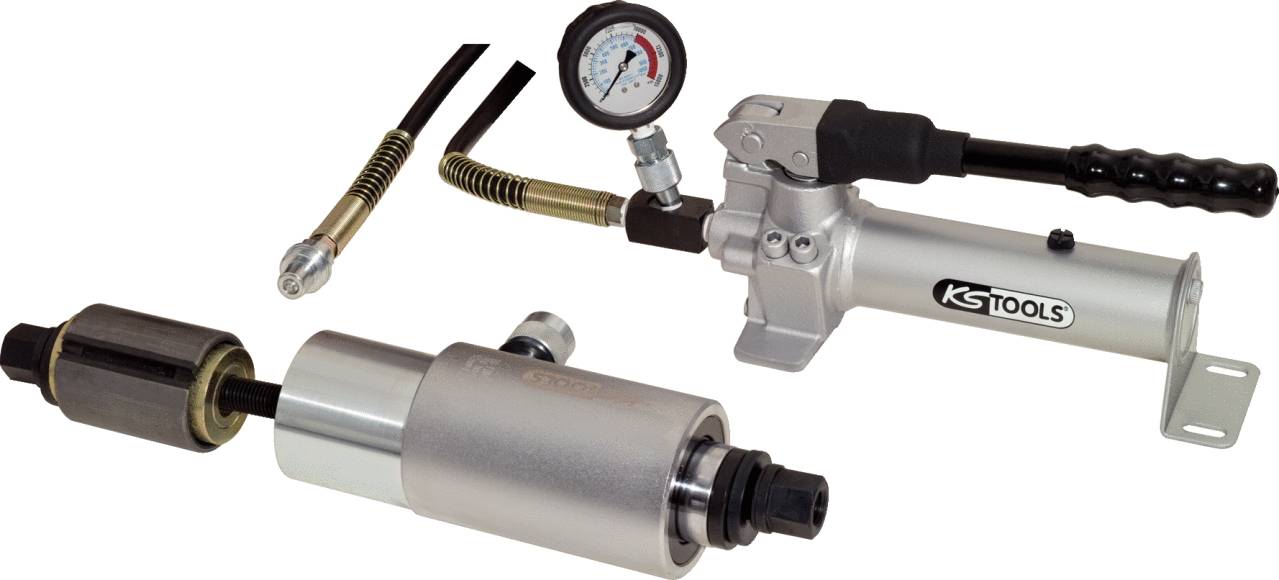 Handhydraulikpresse mit Manometer, verwendet zur Kraftübertragung in mechanischen Systemen. Silvernes Gehäuse und Schlauchanschluss.