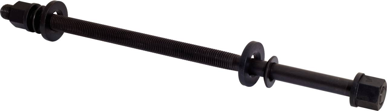 Schwarze, lange, metallische Schraube mit Unterlegscheiben und Mutter, diagonale Ausrichtung.