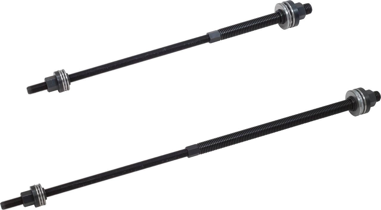 Zwei schwarze Metallstangen mit Gewinde und Schraubenmuttern an beiden Enden, nebeneinander liegend.