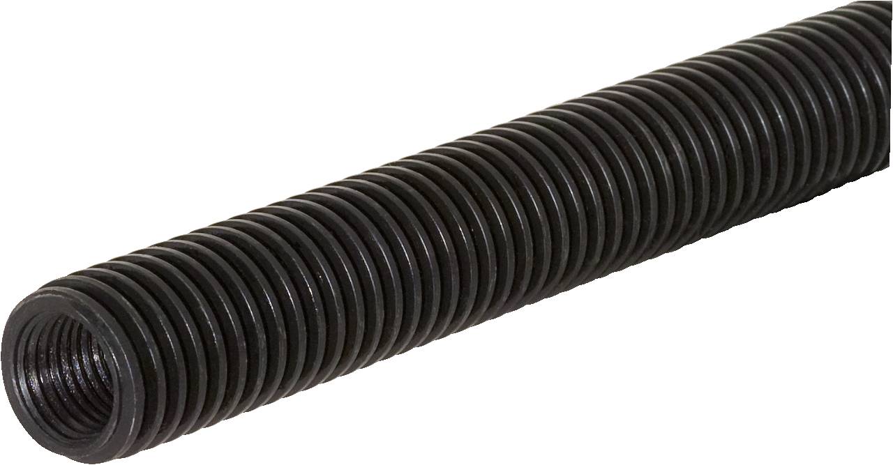 Langes, schwarzes, geripptes Rohr aus Kunststoff oder Metall, möglicherweise für industrielle oder technische Anwendungen.