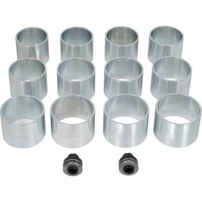 Zwölf silberne Metallringe in drei Reihen angeordnet, mit zwei schwarzen Befestigungselementen unten. Ringe scheinen nummeriert zu sein.