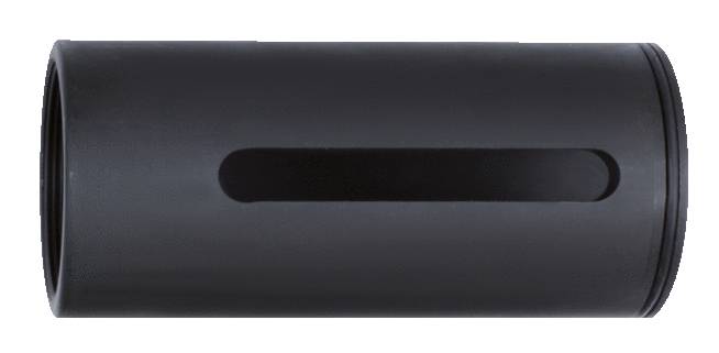 Schwarzes zylindrisches Objekt mit einer schmalen, vertikalen Öffnung an der Seite, auf weißem Hintergrund.