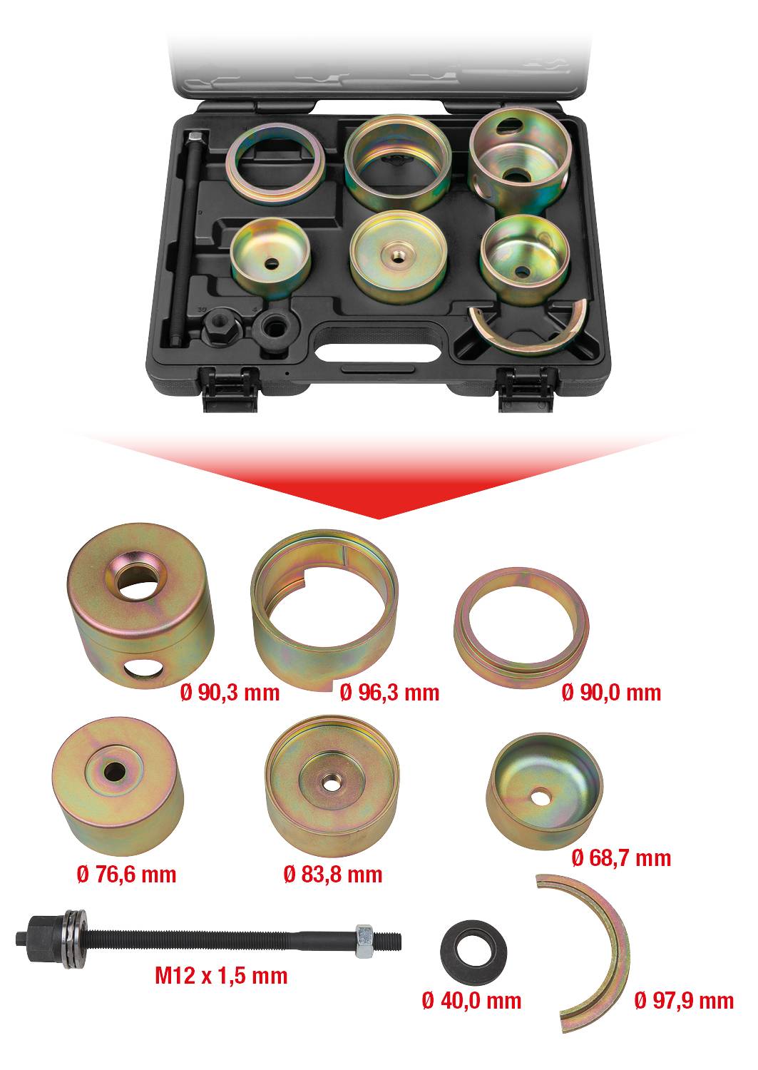 Satz Auto-Werkzeuge in einem schwarzen Koffer. Einzelne Metallteile mit Durchmesserangaben liegen darunter: 90,3 mm, 96,3 mm, 83,8 mm und mehr.