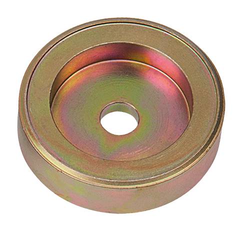 Metallische Unterlegscheibe mit Regenbogeneffekt-Finish, konzentrisch gestufte Kanten und zentrierte Öffnung.