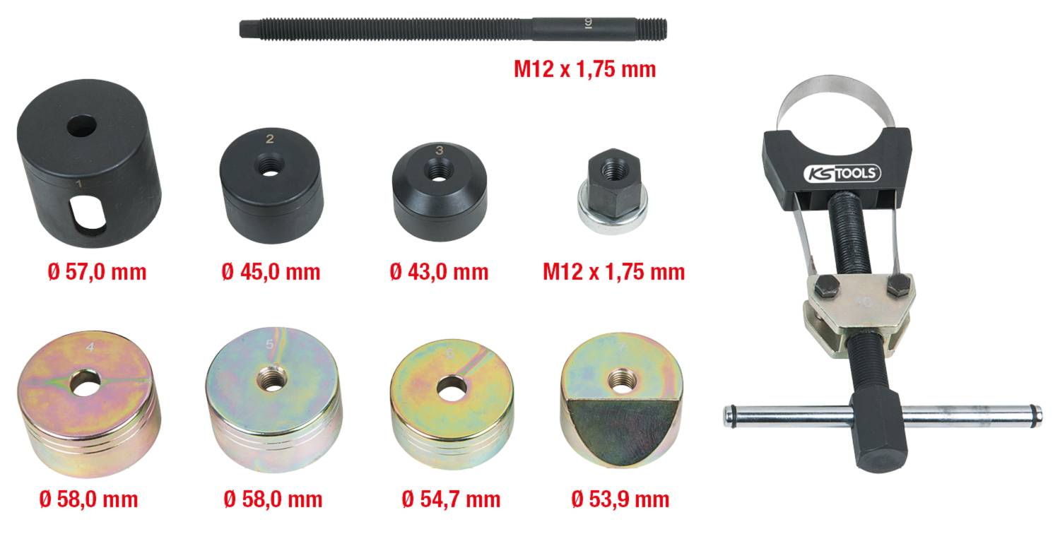 Werkzeugset zur Buchsenmontage mit verschiedenen Adaptern und einem Spindelgriff. Adapter sind in verschiedenen Durchmessern erhältlich.