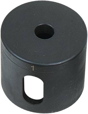 Schwarzer, zylindrischer Adapter mit einem Loch oben und einer ovalen Aussparung an der Seite.