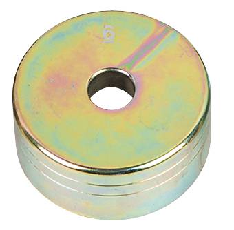 Eine runde metallische Unterlegscheibe mit zentralem Loch und Regenbogenglanz, Nummer '6' oben eingeprägt.