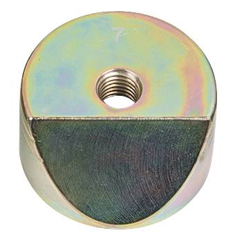 Metallische, zylindrische Komponente mit halbkreisförmiger Aussparung und Gewindeloch in der Mitte, poliert mit Regenbogenschimmer.