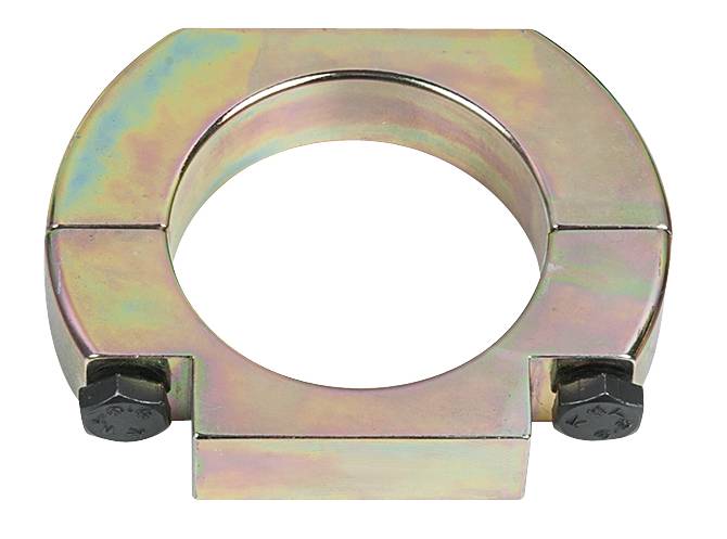 Metallische Rohrschelle mit zwei Schrauben, rund geformt. Geeignet zur Befestigung von Zylindern oder Rohren. Oberfläche schimmert.