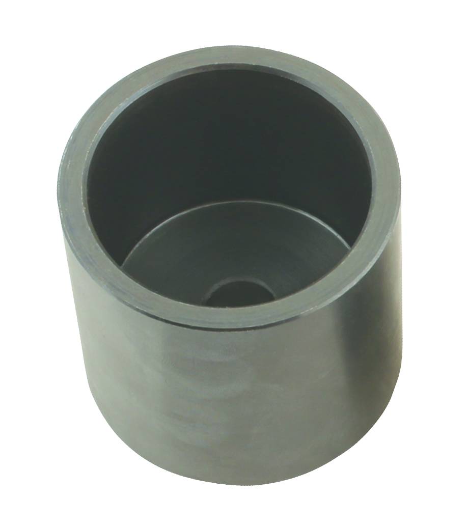 Zylinderförmiger, dunkler Metallbehälter mit offenem Ende, glatter Oberfläche und konzentrischem Kreis im Inneren.