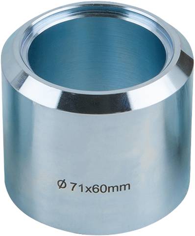 Metallzylinder mit eingravierten Maßen: Durchmesser 71 mm, Höhe 60 mm. Silberne Oberfläche mit blauer Innenfarbe.