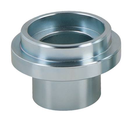 Ein silbernes Metallteil mit zylindrischer Form und einem breiten Rand oben, möglicherweise ein mechanisches Bauteil.