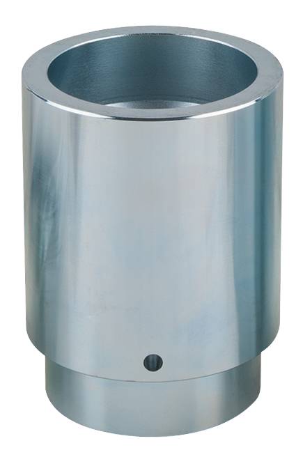 Zylindrischer Metallbehälter mit glatter, glänzender Oberfläche und kleiner Öffnung am Boden. Verwendung für Industriemaschinen.