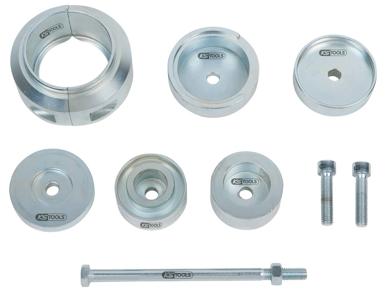 Ein Set aus sieben runden Metallwerkzeugen und zwei Schrauben, gekennzeichnet mit KS Tools-Logo, auf weißem Hintergrund.