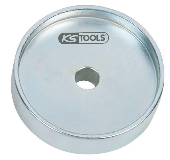 Ein silbernes Metallwerkzeug mit einer zentralen Öffnung, markiert mit 'KS Tools'.