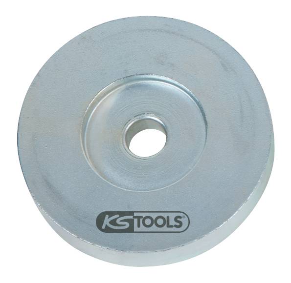 Silberne Metallunterlegscheibe mit Loch in der Mitte, Logo 'KS TOOLS' auf der Vorderseite. Werkstattzubehör für verschiedene Anwendungen.